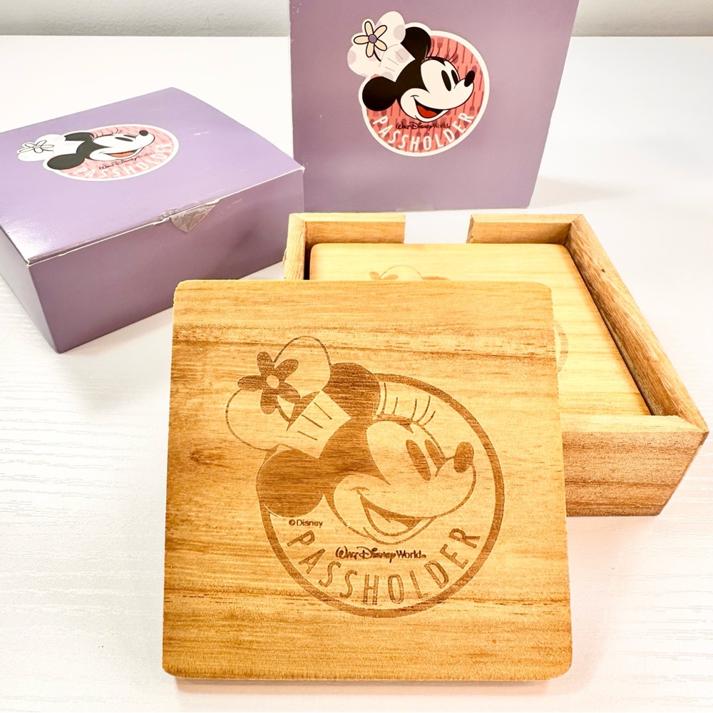 2 Sets of Walt Disney World Passholder Coasters, Wooden Minnie Mouse Coaster